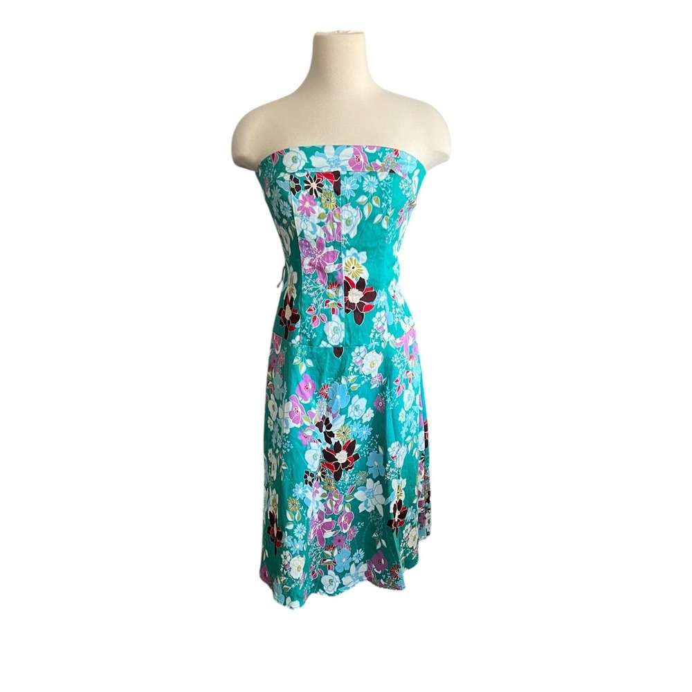 Vintage Y2K Strapless Floral Midi Dress Size 12 Turquoise Teal Pop Art Poppy